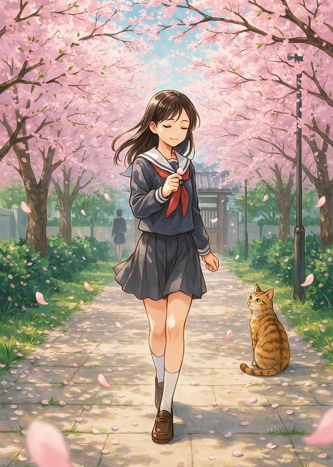 Girl and Cat Under Cherry Blossoms