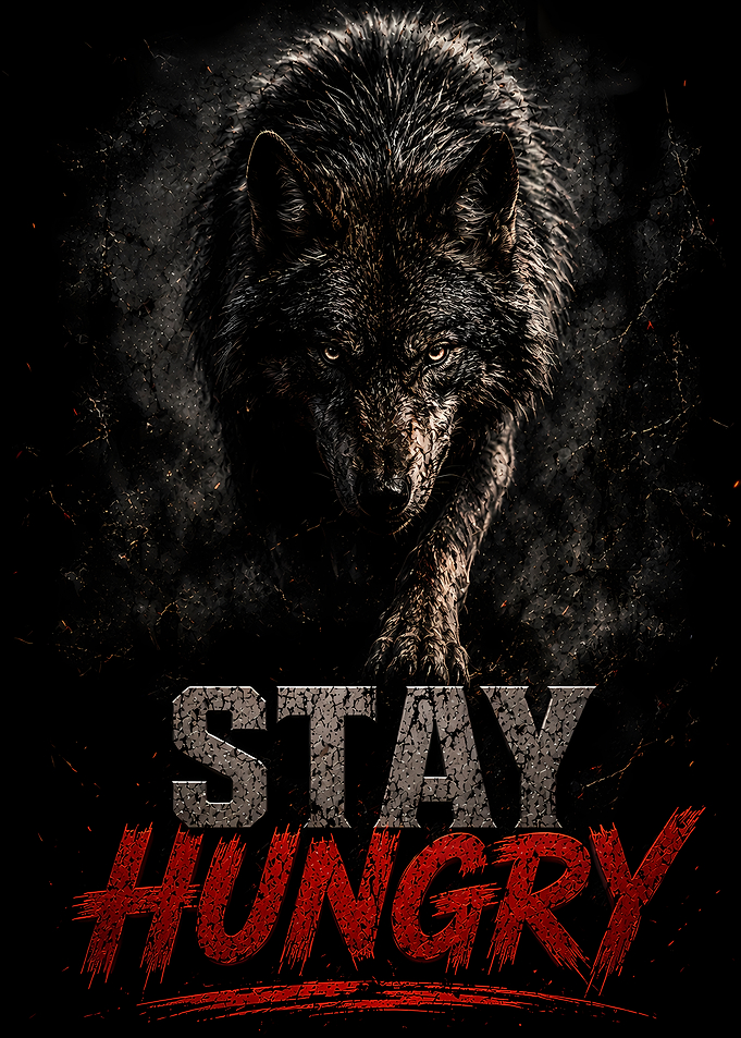Wolf with 'Stay Hungry' text