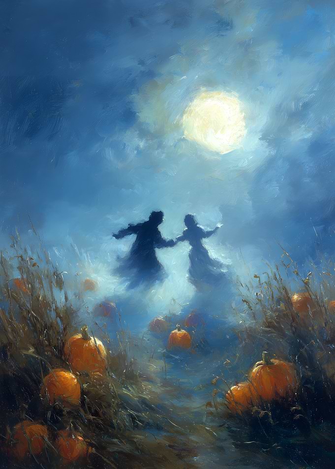 Couple dancing under the moon with pumpkins