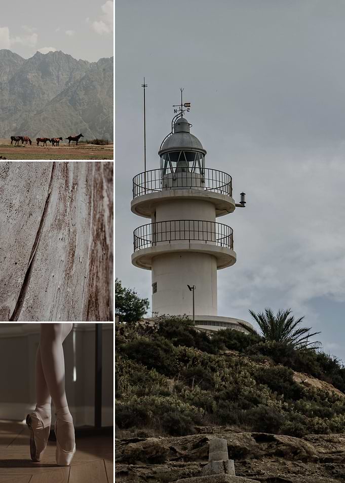 Collage of Horses, Lighthouse, and Ballet