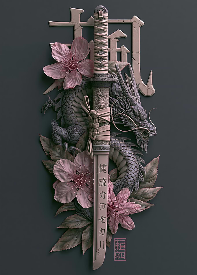 Samurai Sword Dragon and Cherry Blossoms