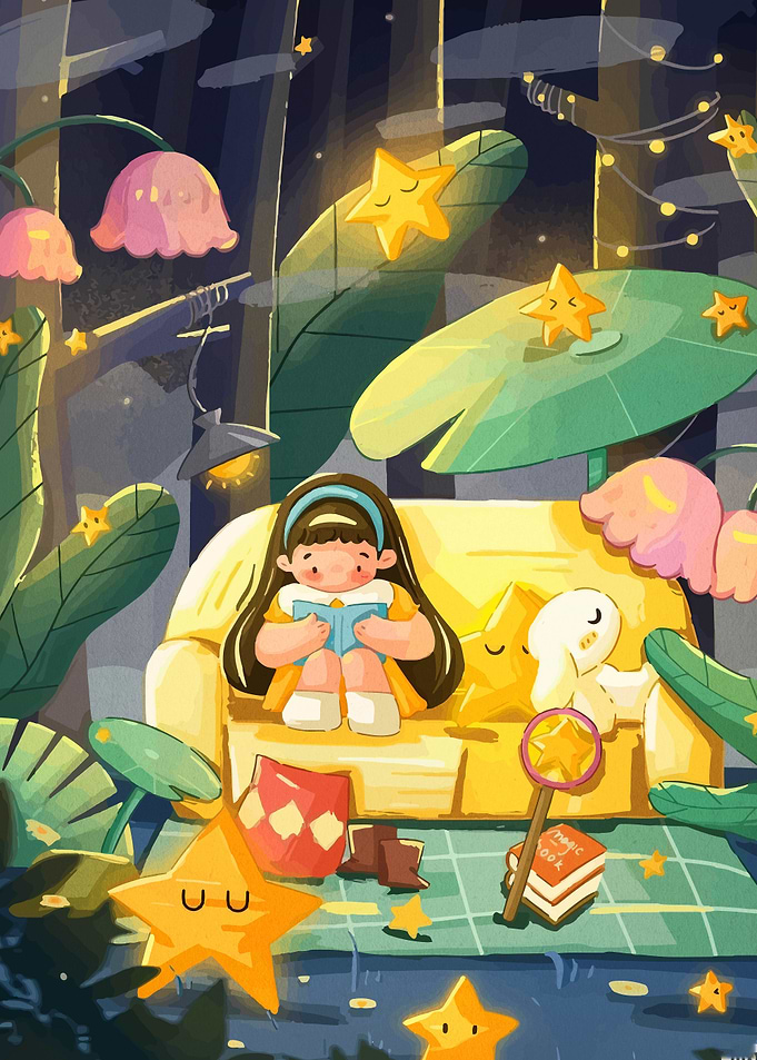 Girl Reading on Couch with Stars