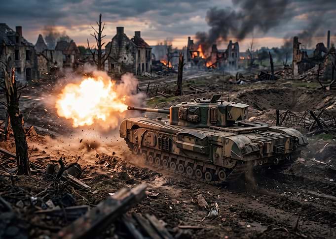 Tank Firing in Ruined Village