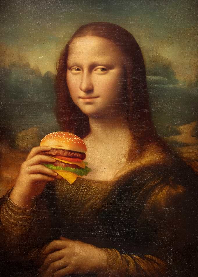 Mona Lisa Holding a Cheeseburger