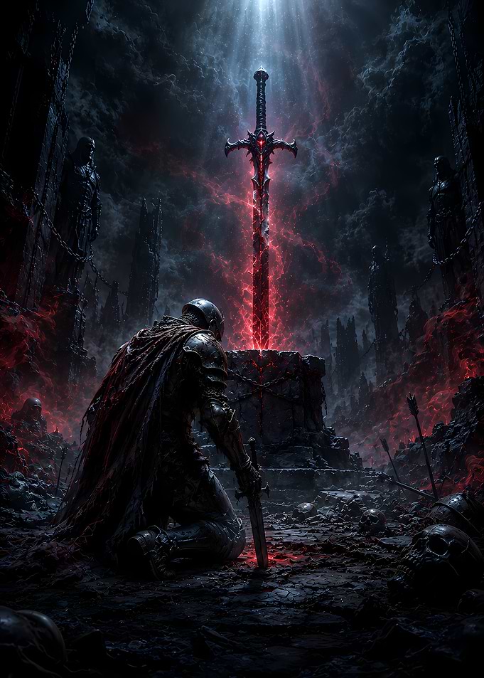 Knight Kneeling Before Fiery Sword