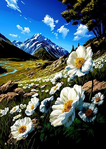 Mountain Landscape with White Flowers