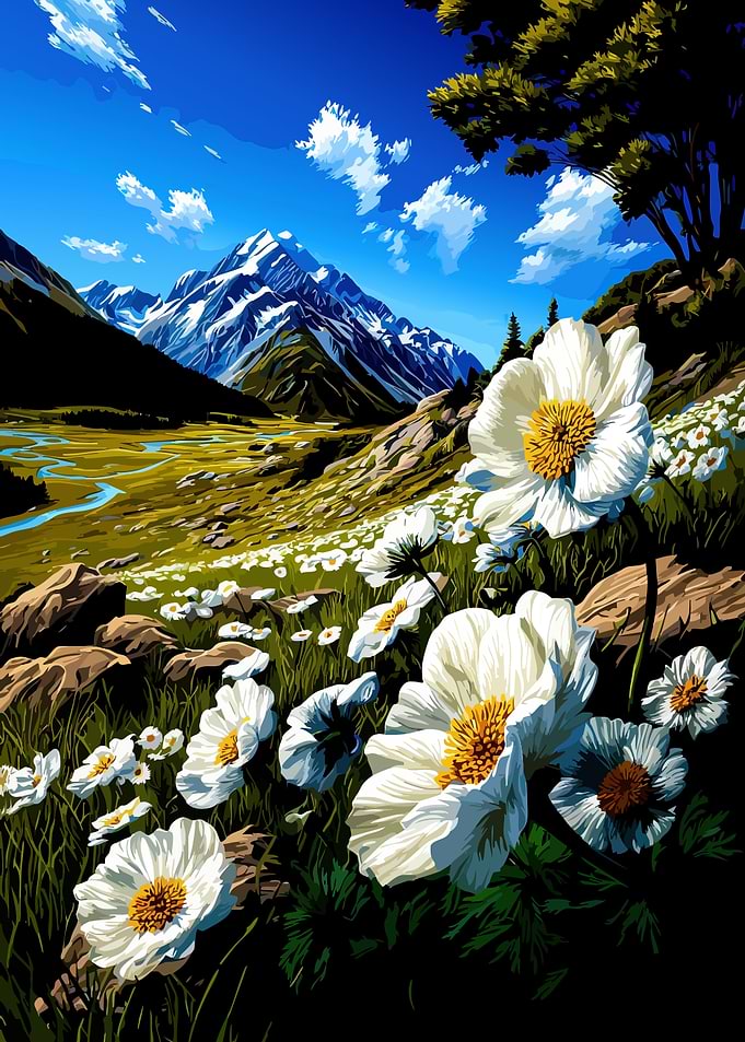 Mountain Landscape with White Flowers