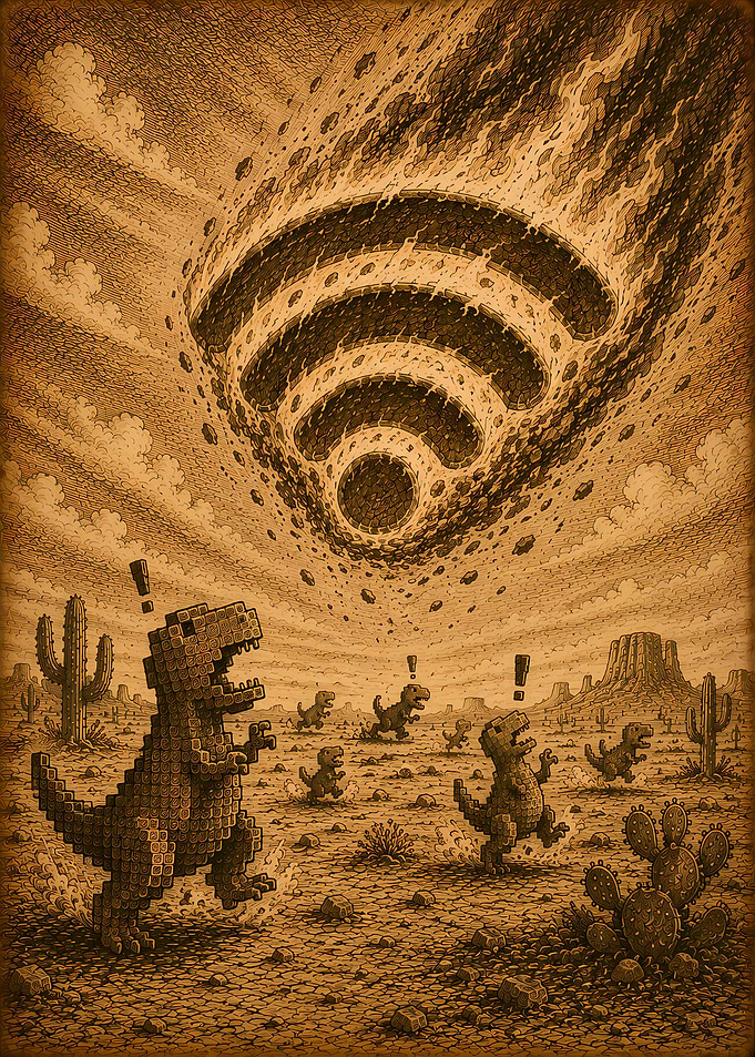 Pixelated Dinosaurs Flee Wi-Fi Meteor