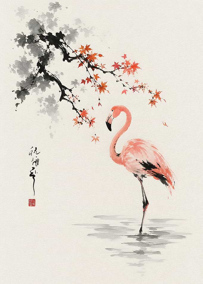 Flamingo and Cherry Blossoms