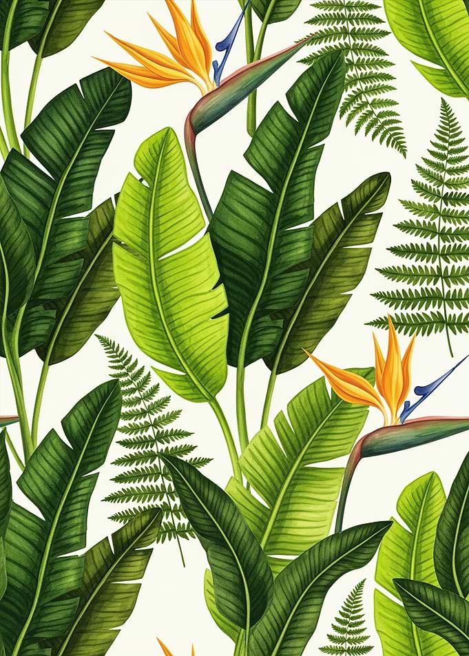 Tropical Bird of Paradise and Fern Pattern