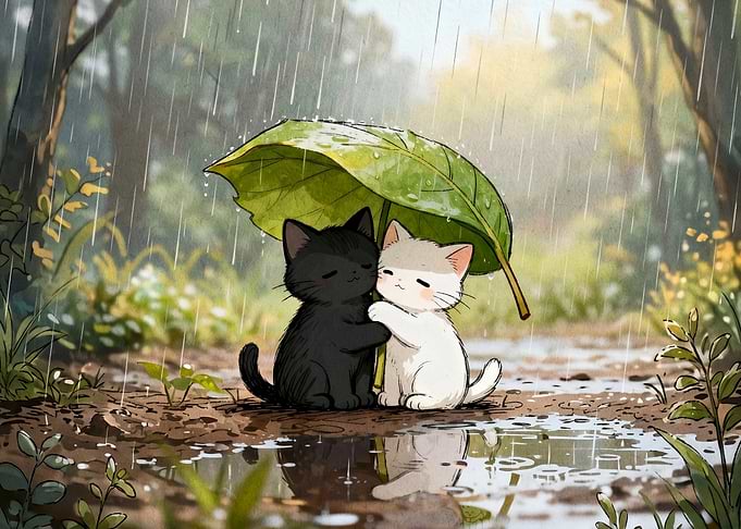 Two Kittens Under a Leaf Umbrella in the Rain