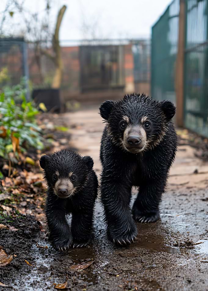 Two wet bear cubs walking