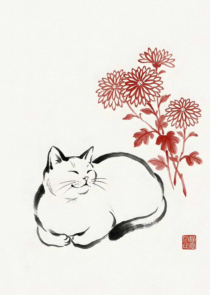 Sleeping Cat with Chrysanthemums