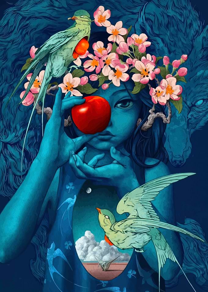 Mystical Blue Woman with Birds and Apple