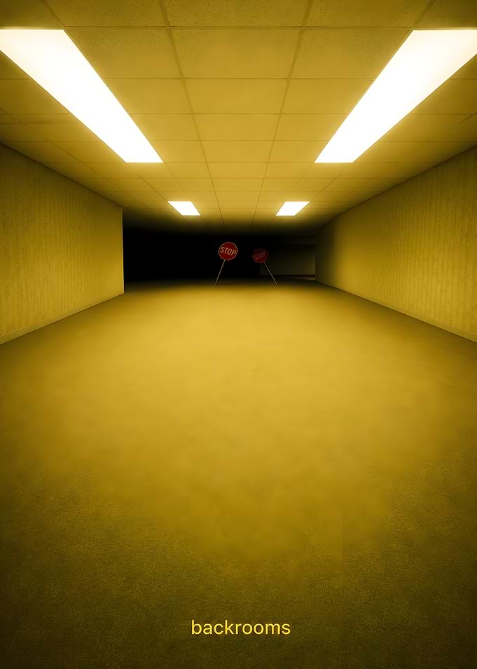 Backrooms hallway with stop signs