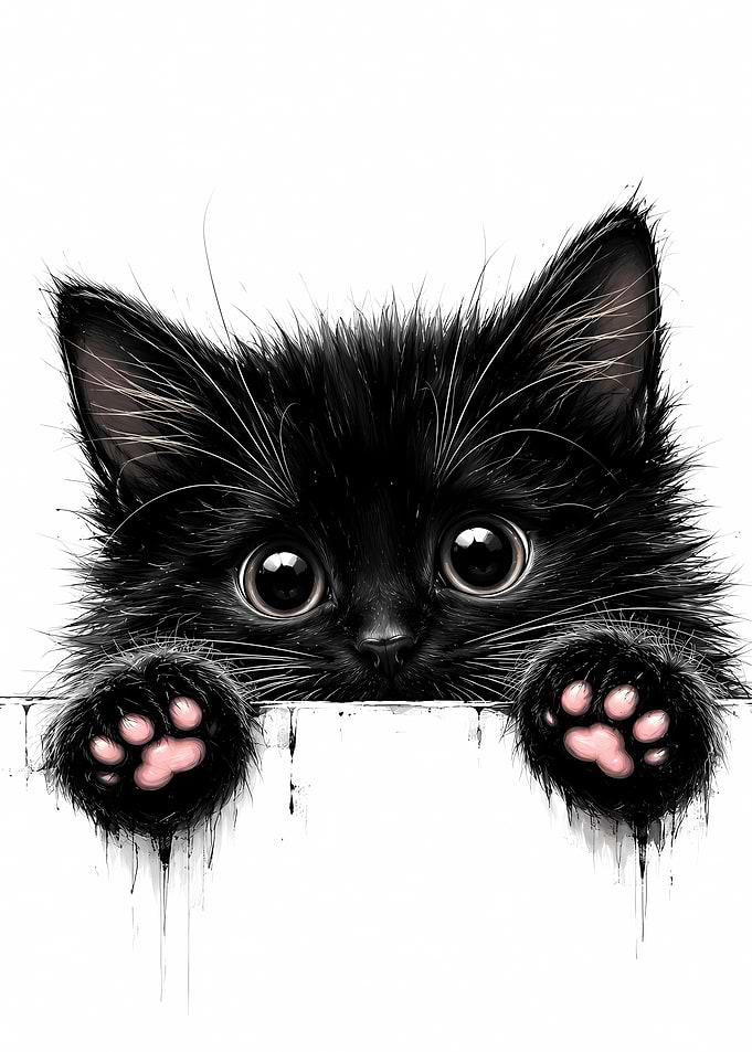 Cute Black Kitten Peeking Over a White Surface