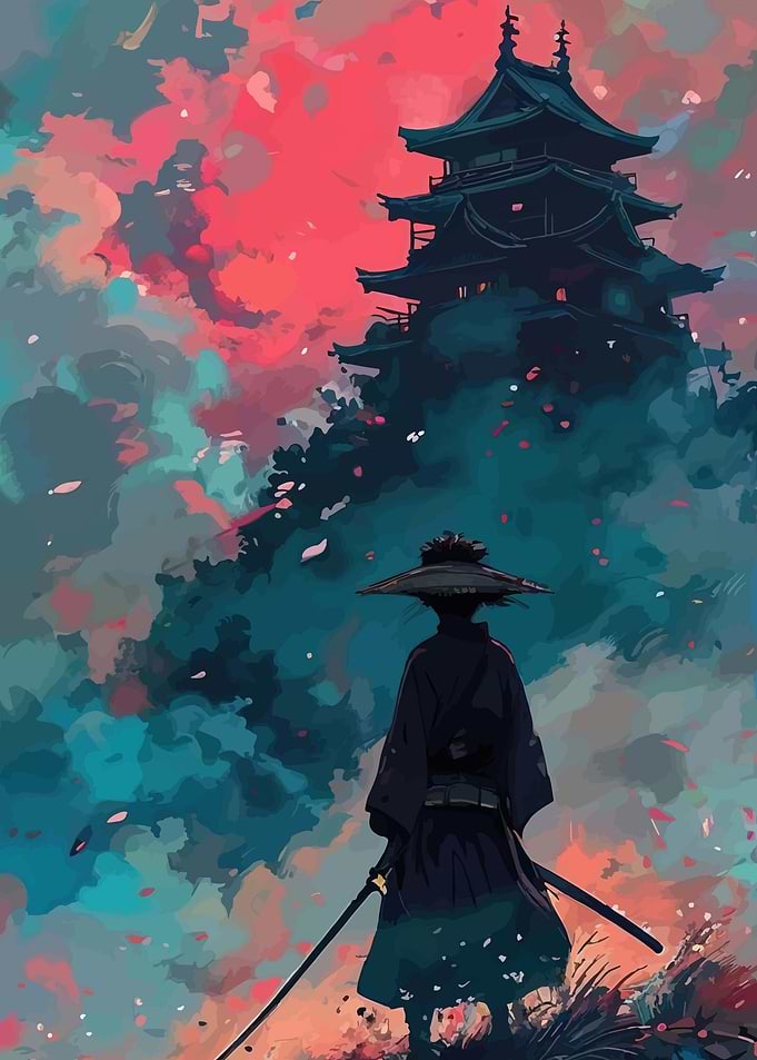 Samurai Before a Pagoda