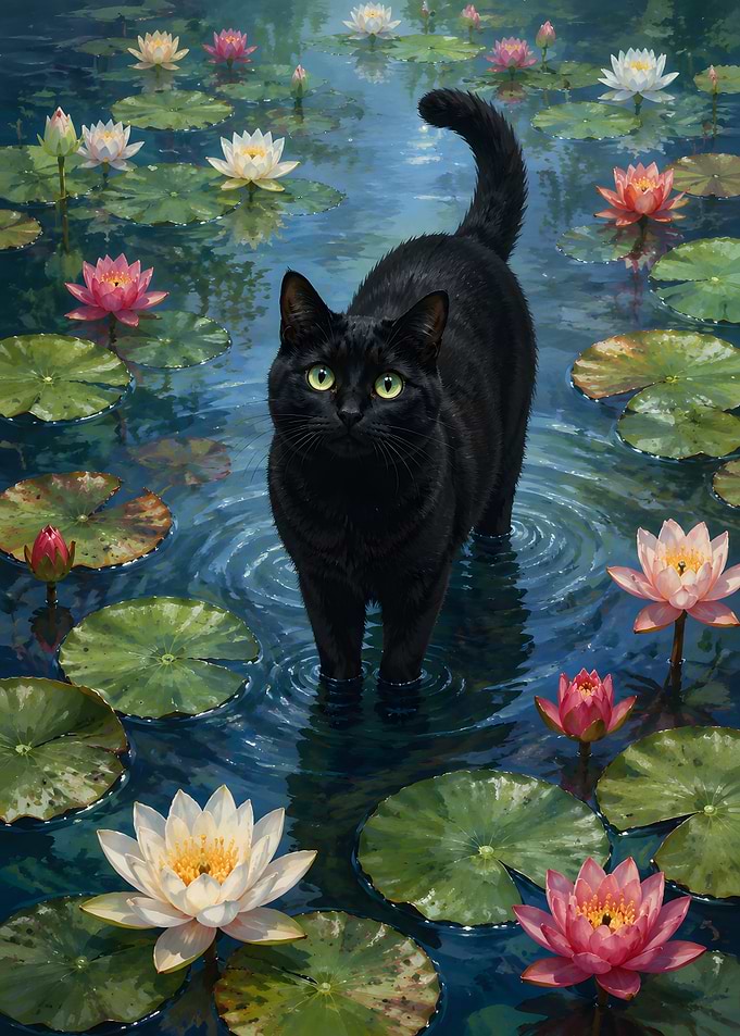 Black Cat in a Lily Pond