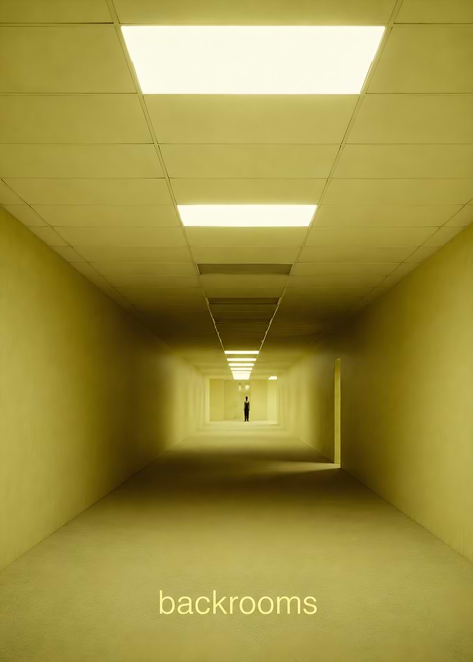Backrooms hallway with a lone figure