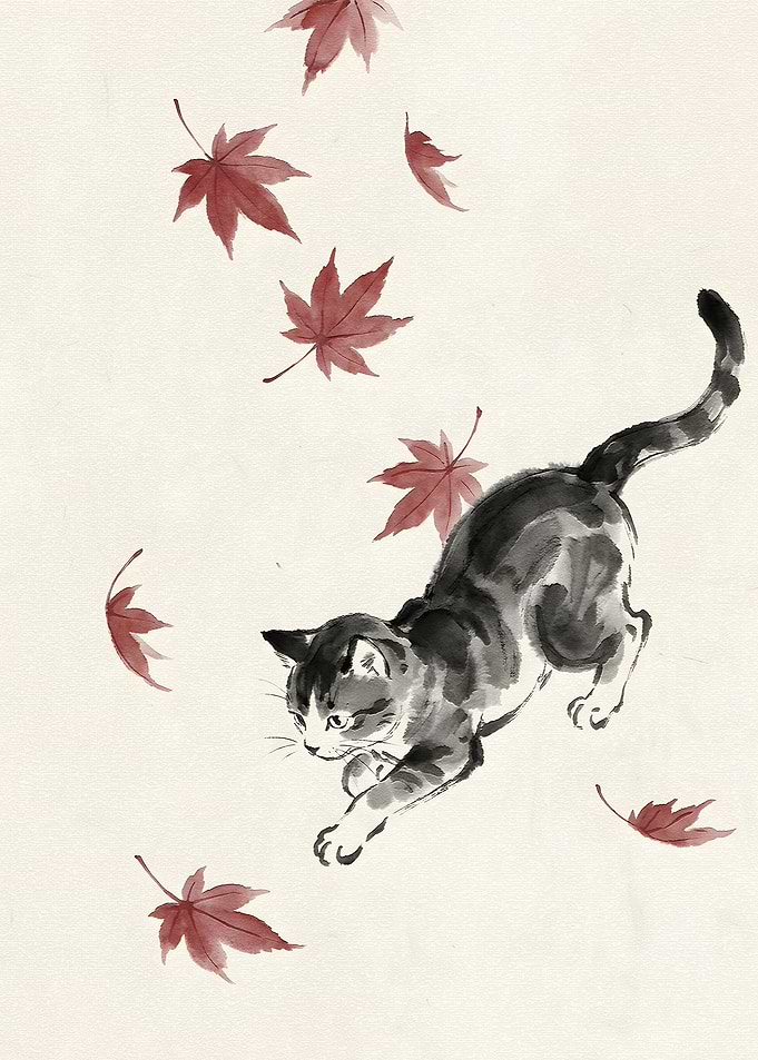 Cat Playing with Falling Maple Leaves
