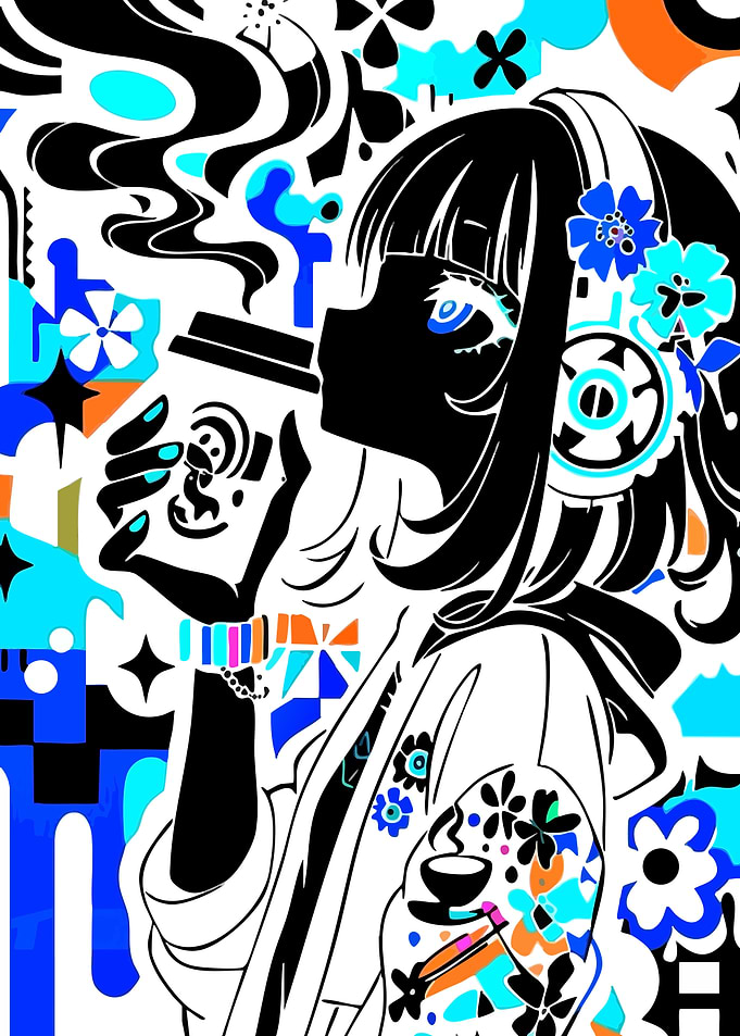 Anime Girl with Coffee and Headphones