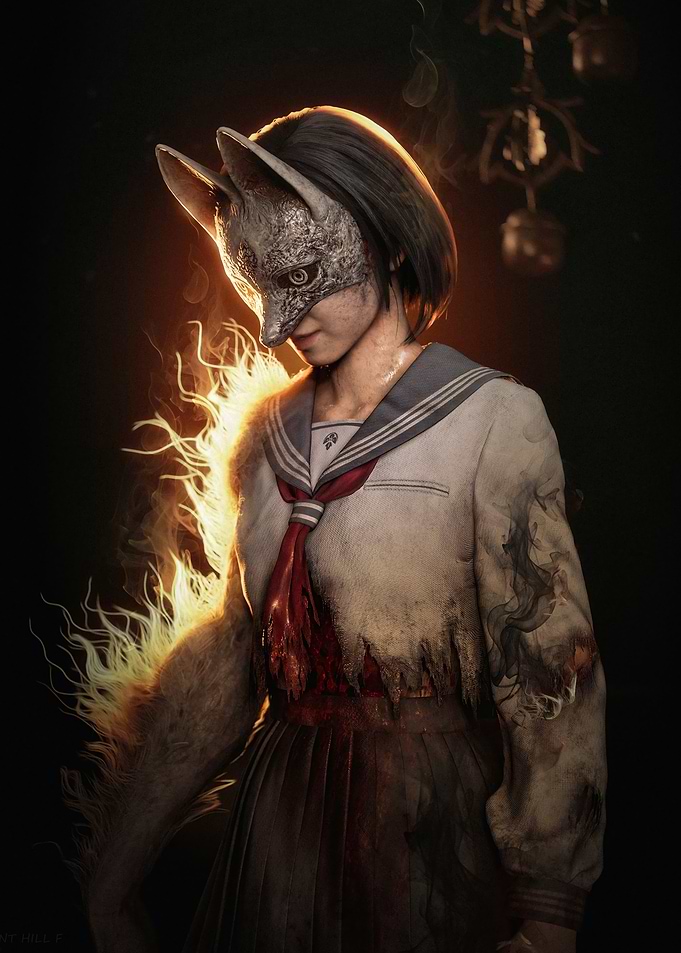 Girl in Fox Mask with Fiery Aura