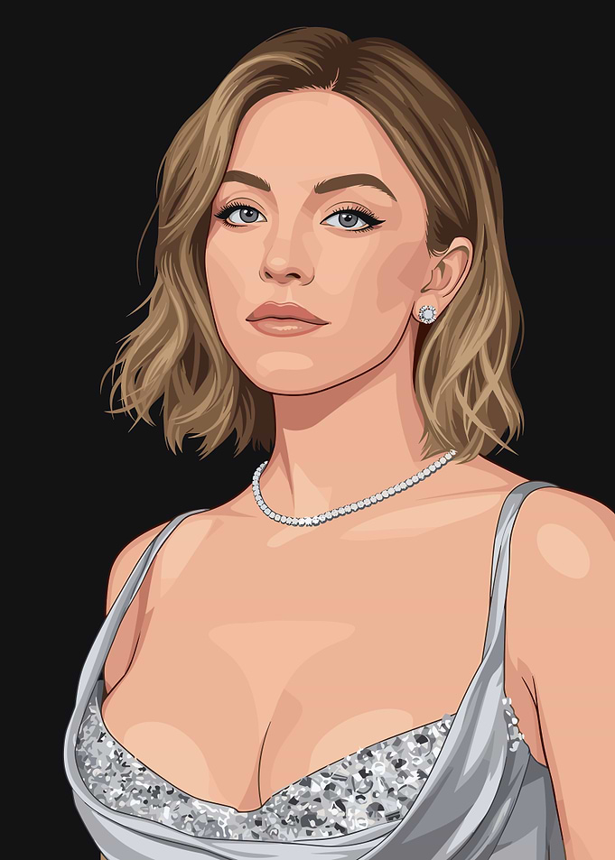 sydney sweeney in a sequined dress and pearls