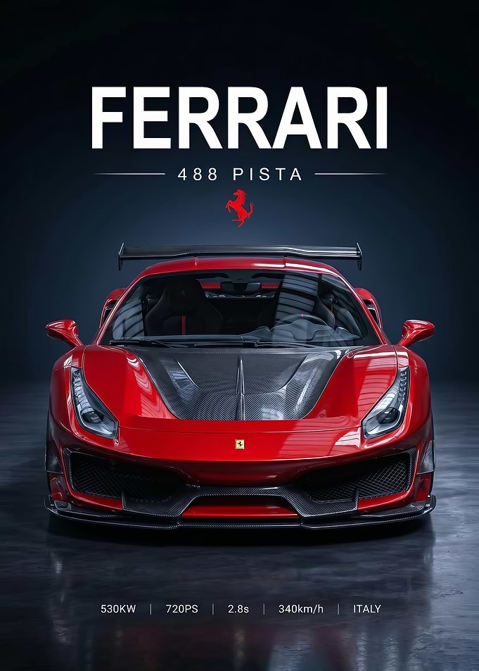 sleek Ferrari 488 Pista red car poster