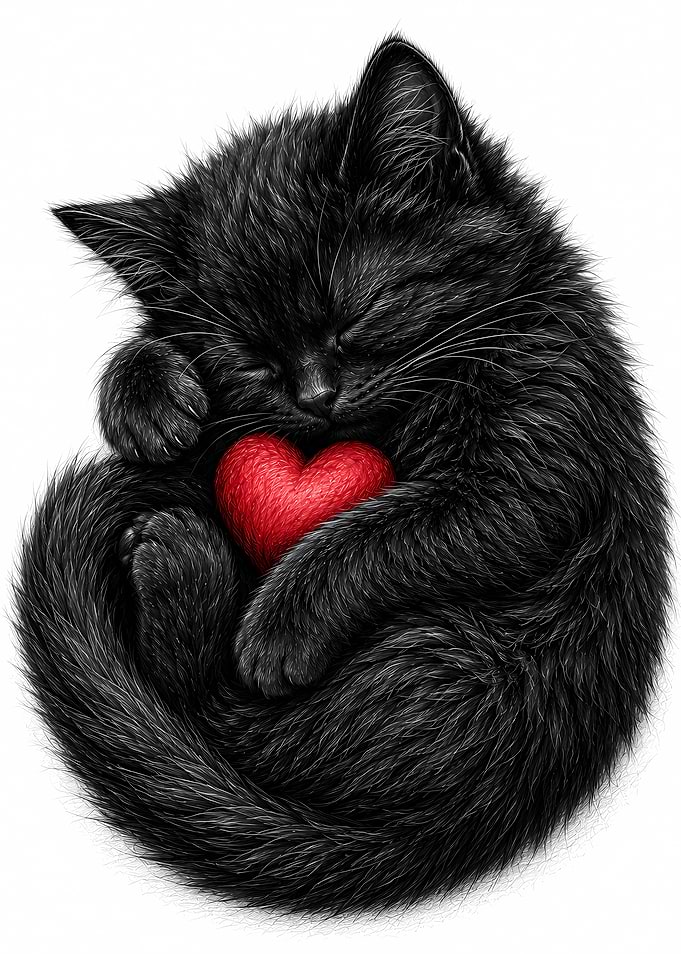 Black Kitten Sleeping with Heart