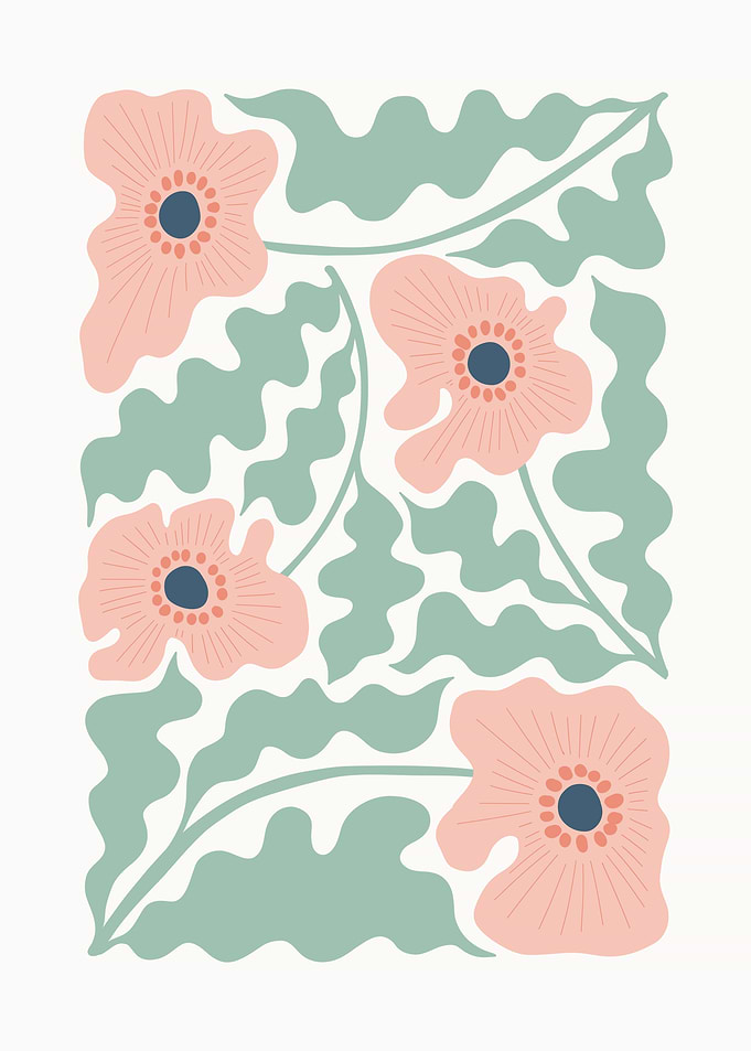 Pink Poppies and Green Leaves Pattern