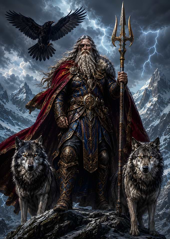 Odin with Wolves and Raven