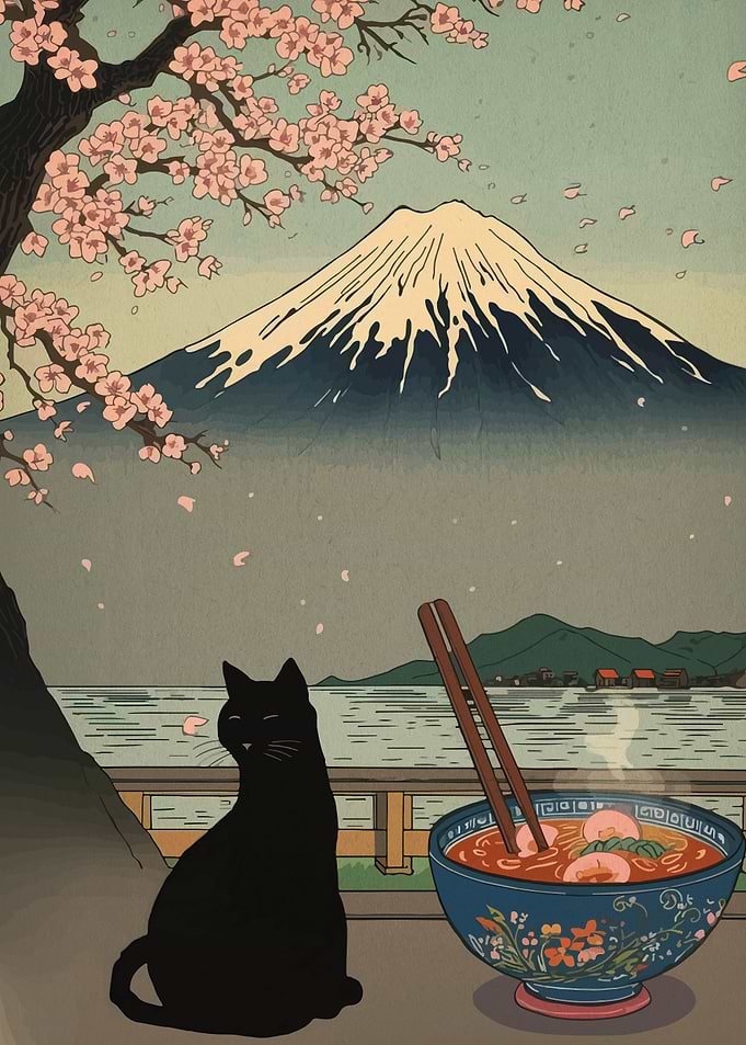 Black Cat with Ramen and Mt. Fuji