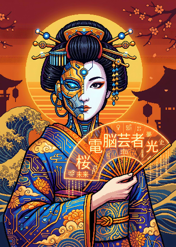 Cyberpunk Geisha with Digital Fan