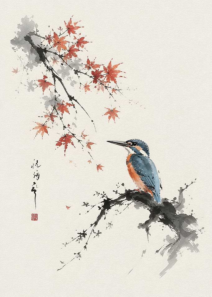 Kingfisher on a Branch with Maple Leaves