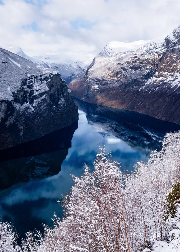 Snow-Covered Fjord in Norway
