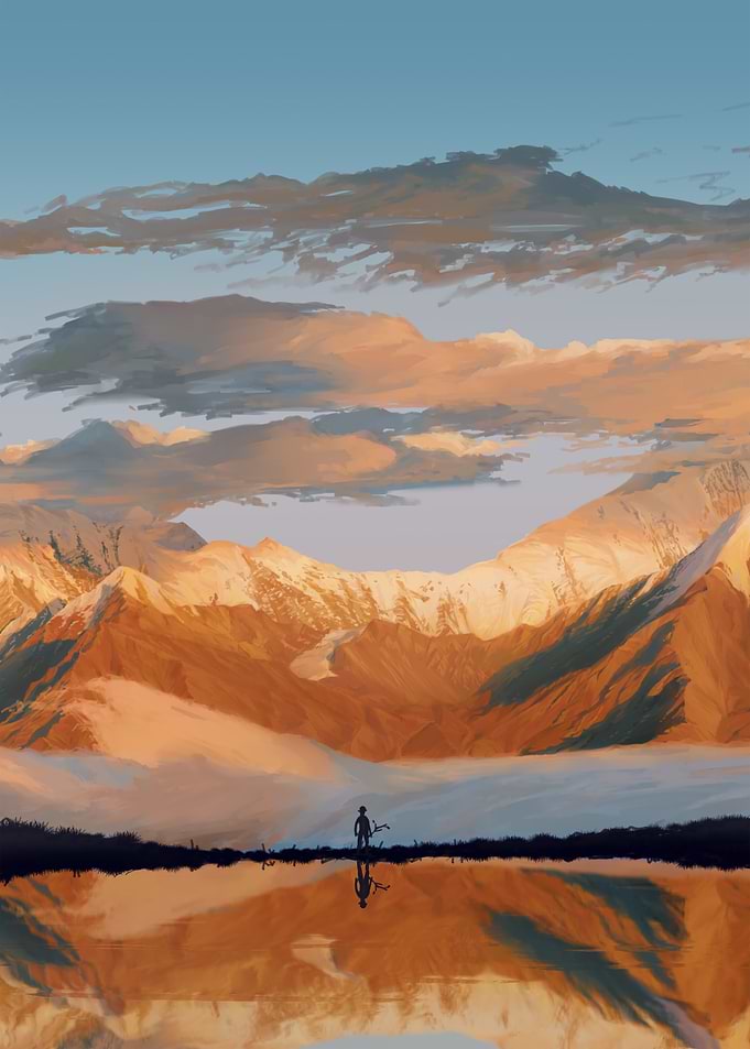 Lone figure by a reflective mountain lake