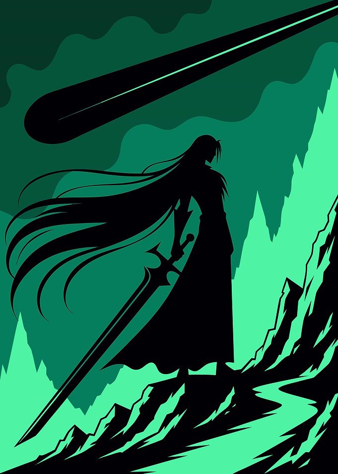 Silhouette Warrior with Sword and Meteor