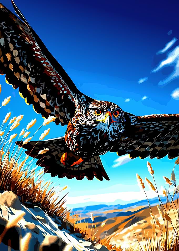Owl in flight over landscape