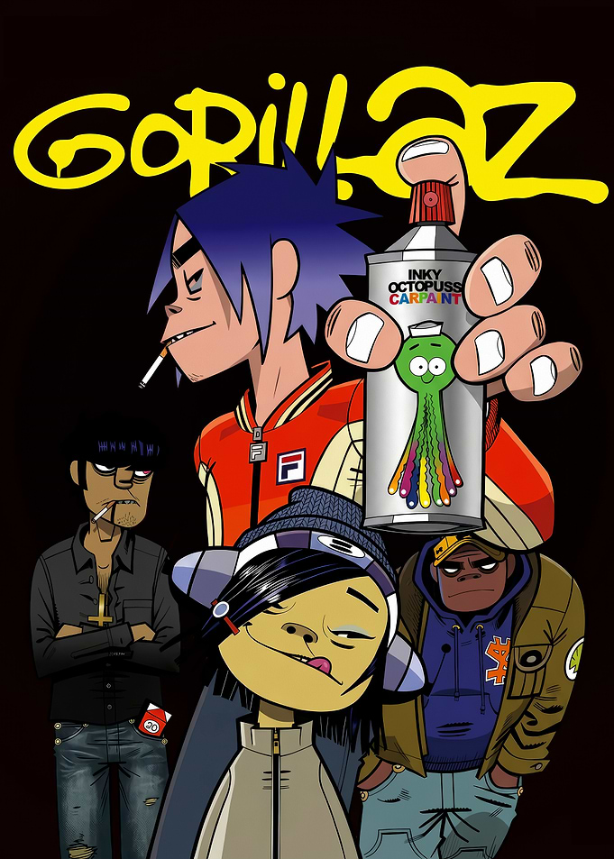 Gorillaz band members with spray paint