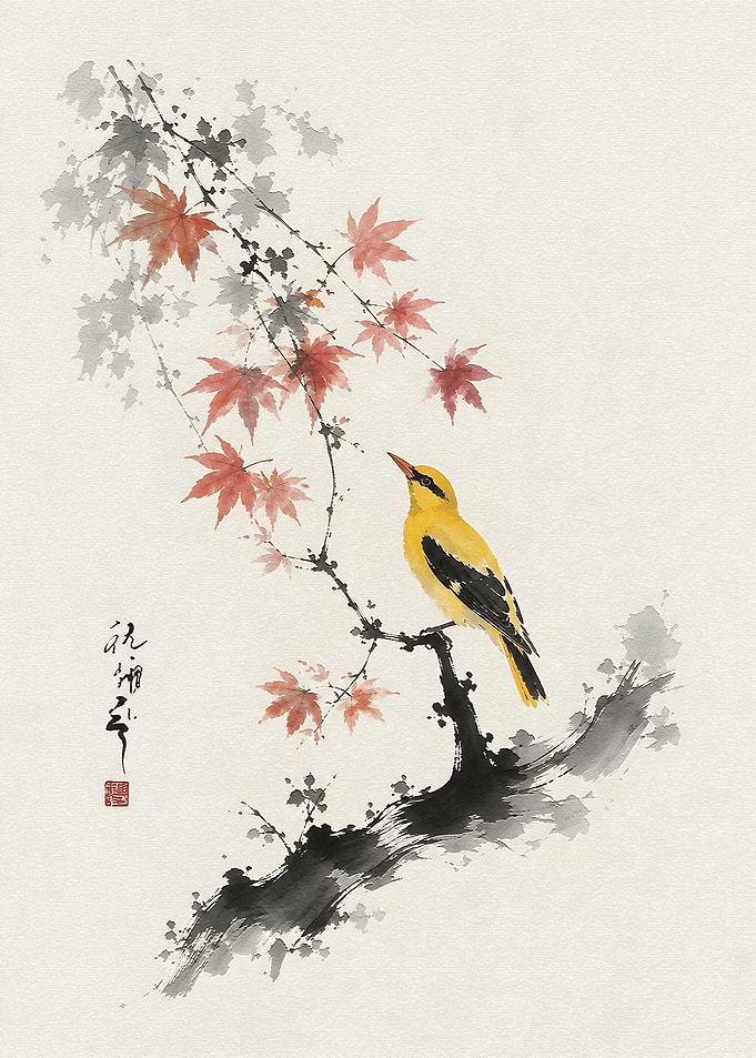 Yellow Bird on Maple Branch