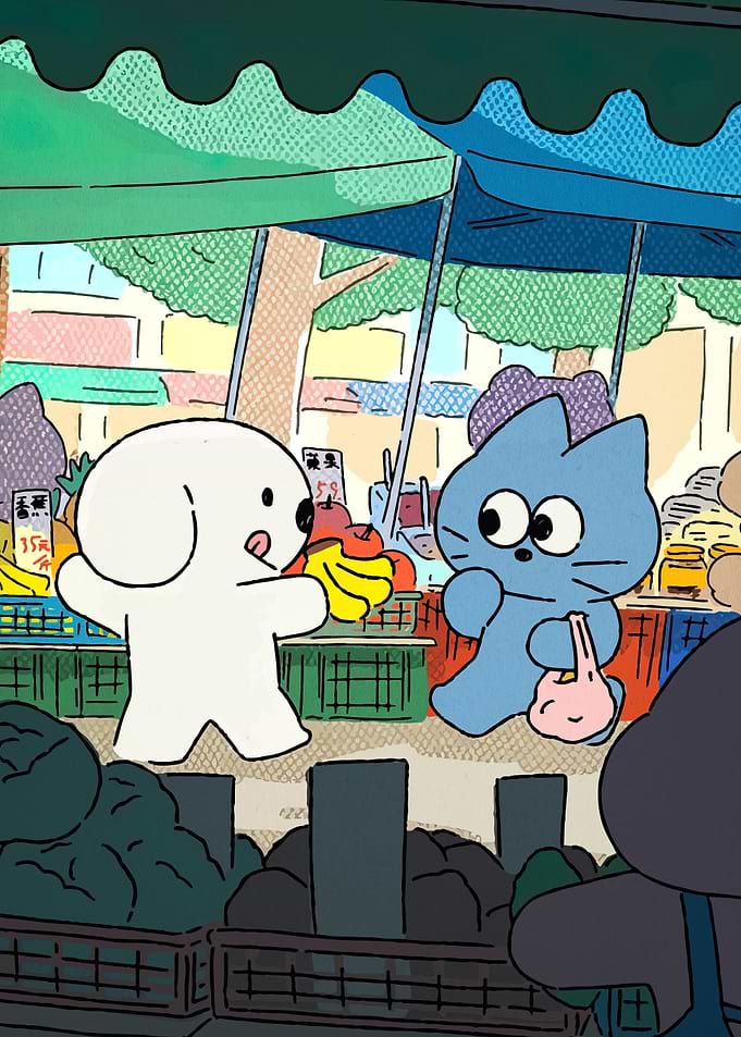 Cute dog and cat at a market