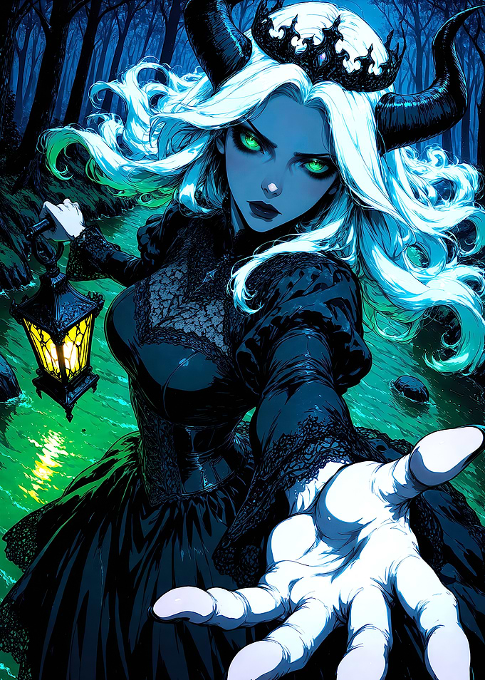 Gothic Queen with Lantern in Dark Forest