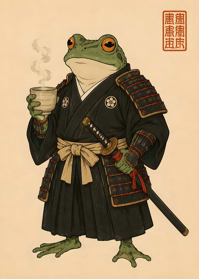 Samurai Frog Drinking Tea