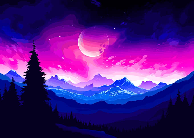 Vibrant Mountain Landscape Under a Cosmic Sky
