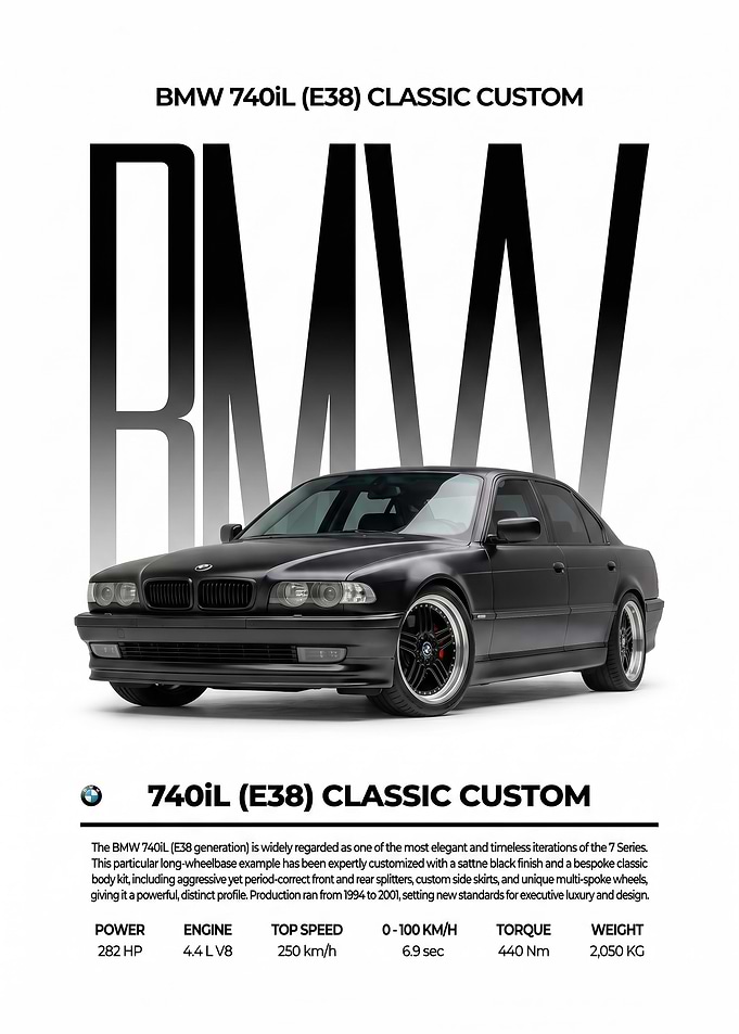 Classic Custom BMW 740iL e38 sleek black poster