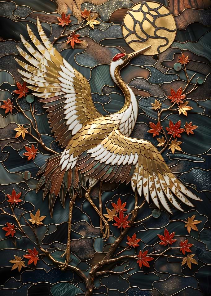 Crane and Maple Leaves Stained Glass