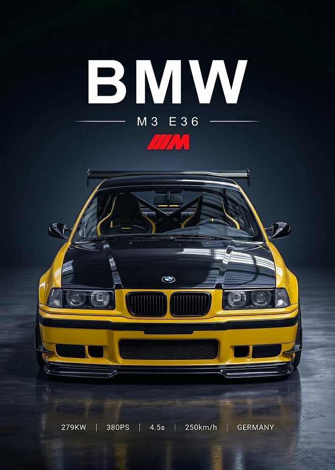 sleek yellow BMW M3 E36 Race Car poster