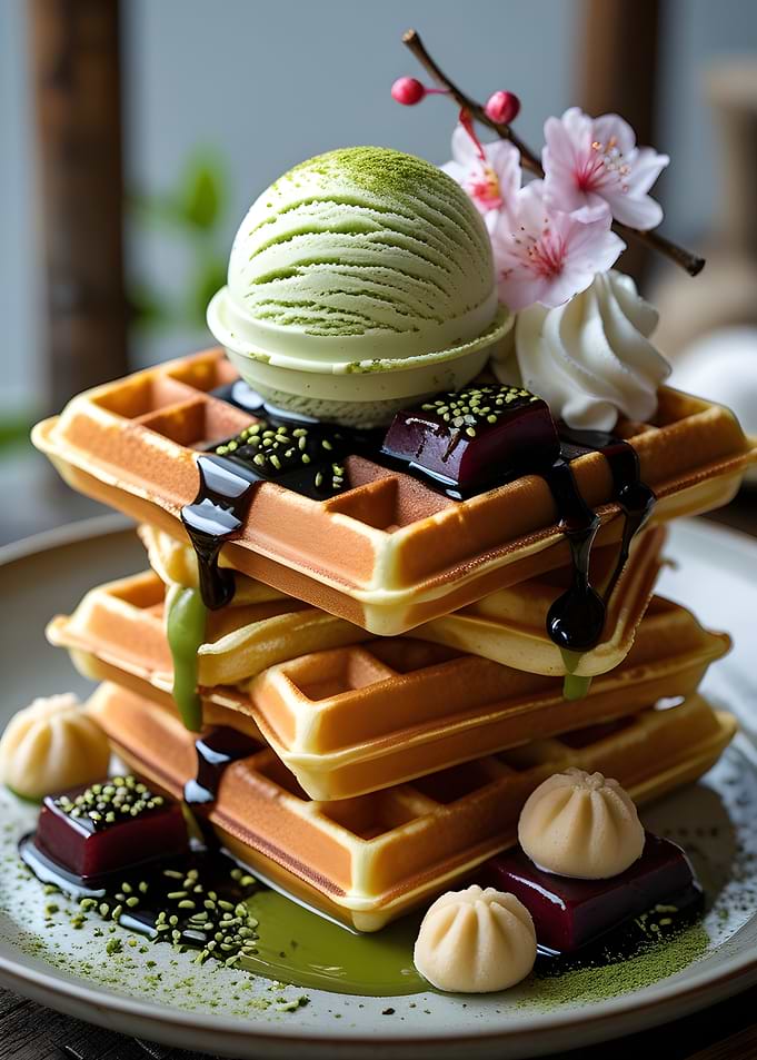 Matcha Waffle Stack with Ice Cream