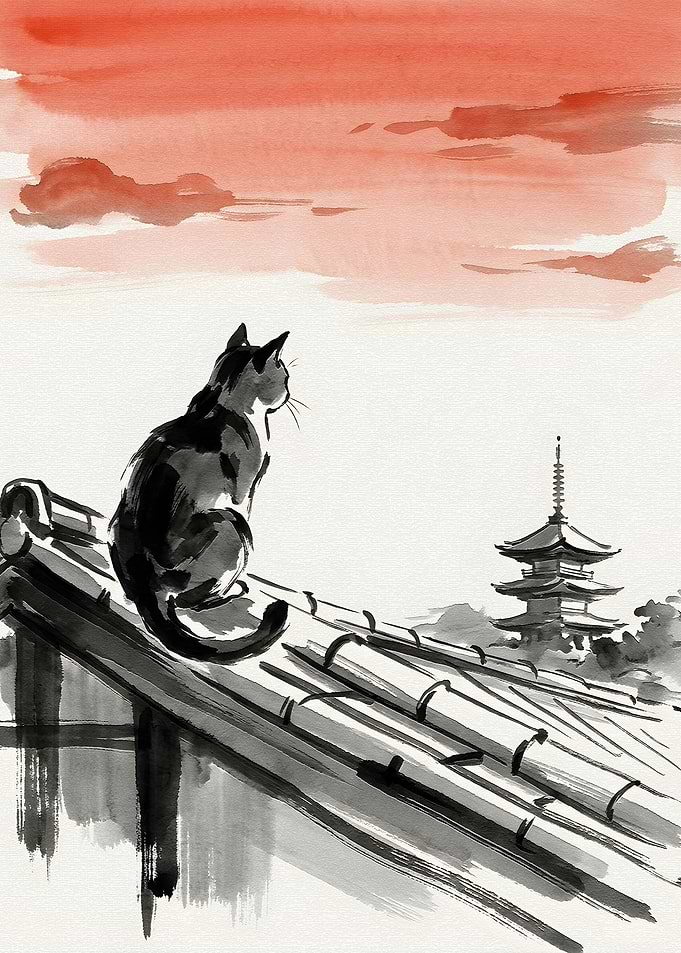 Cat on a Roof Overlooking a Pagoda