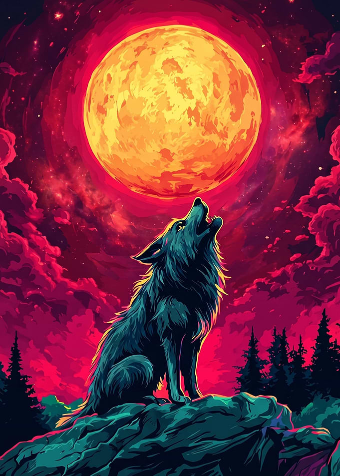 Wolf Howling at a Giant Moon